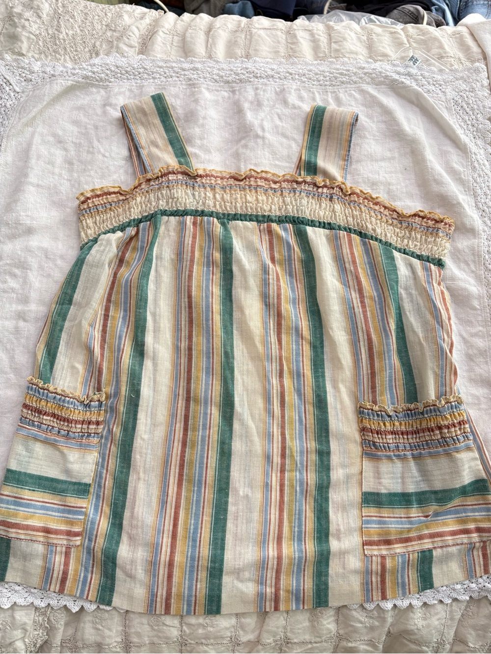 Vintage 70s Striped Smocked Pocket Tank Top - Multicolor Union Made XL - Picture 5 of 13